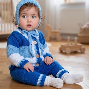 Pode incluir: Um conjunto de malha para bebé composto por um gorro azul claro com laço, um casaco de manga comprida com riscas horizontais em tons de azul e branco com três botões de madeira, calças azuis a condizer e meias brancas simples.