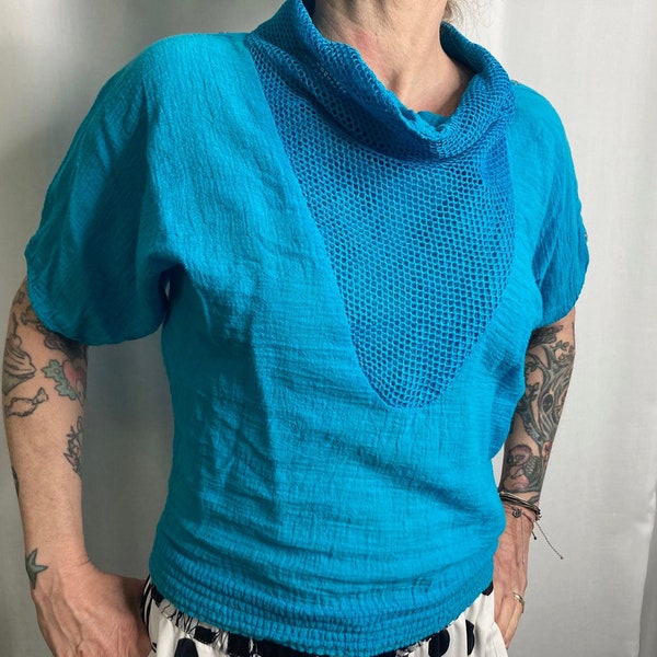 80's New Wave Fishnet Mesh & Gauze Funnel Neck Batwing Vintage Top, by Stoplight California, in turquoise gauze, size Small