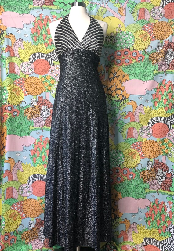 70's glam Lurex halter maxi dress with stripes