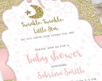 Baby Shower Invitation - Twinkle, Twinkle, Little Star - Gold Glitter with stars and sweet drawings