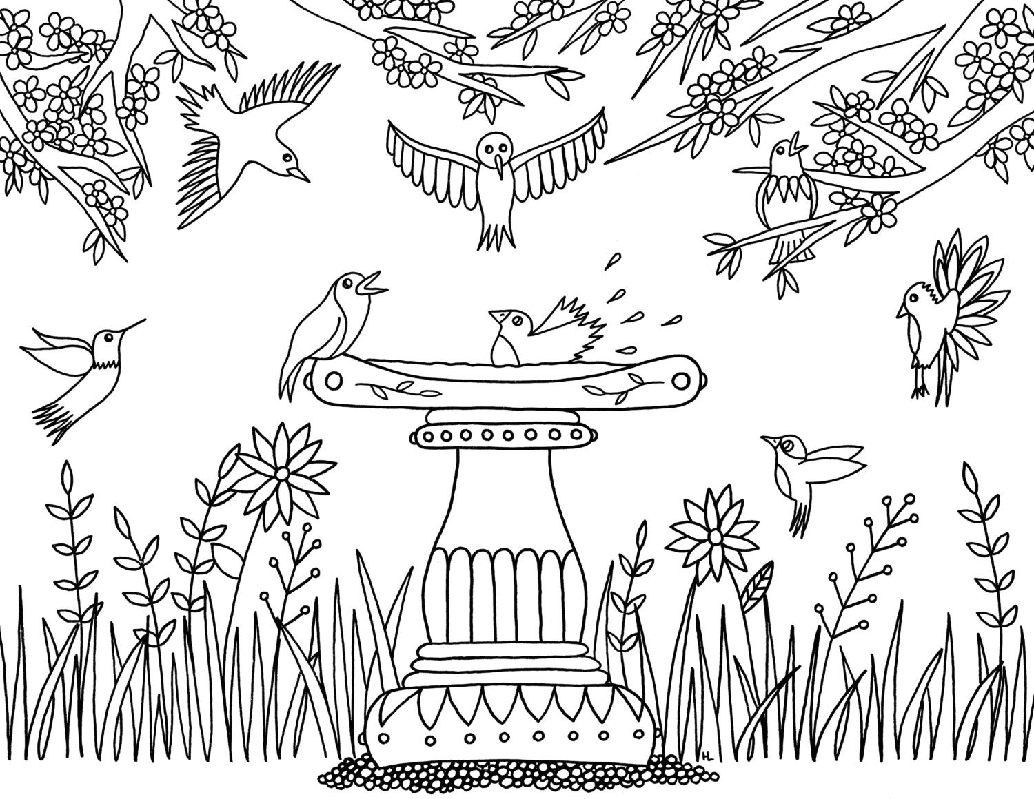 Bird Bath Digital Download Coloring Page | Etsy