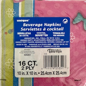 May include: A pink and green package of 16 count, 2-ply beverage napkins featuring Minnie Mouse Bow-tique. The napkins are 10 inches by 10 inches or 25.4 centimeters by 25.4 centimeters.
