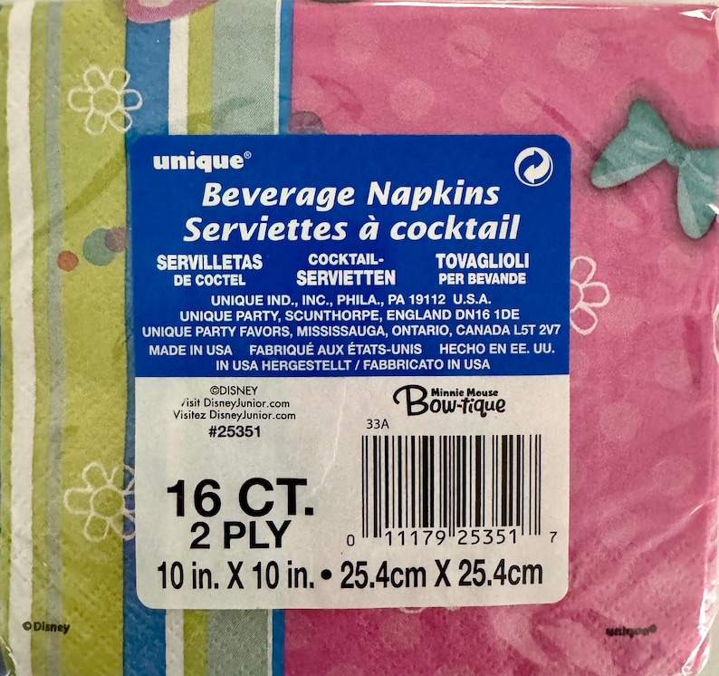 May include: A pink and green package of 16 count, 2-ply beverage napkins featuring Minnie Mouse Bow-tique. The napkins are 10 inches by 10 inches or 25.4 centimeters by 25.4 centimeters.