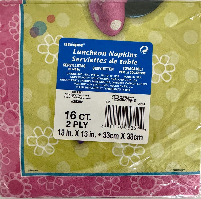 May include: A pack of 16 pink and green luncheon napkins featuring Minnie Mouse. The napkins are 2-ply and measure 13 inches by 13 inches. The packaging includes the text "Minnie Mouse Bow-tique" and "16 ct. 2 ply 13 in. x 13 in. 33cm x 33cm".