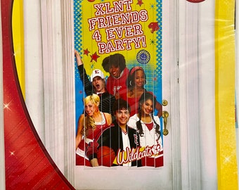 May include: A 5-foot tall doorway curtain featuring characters from the movie High School Musical. The curtain is yellow and blue with the text "XLNT FRIENDS 4 EVER PARTY!" and "Wildcats".
