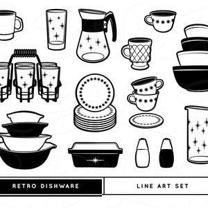 Retro Dishware Digital Bundle, Retro Clipart, Mid Century Kitchen, Atomic Kitchen, Retro Dishes, Mid Century Modern Clip Art, 1950s Clip Art image 3