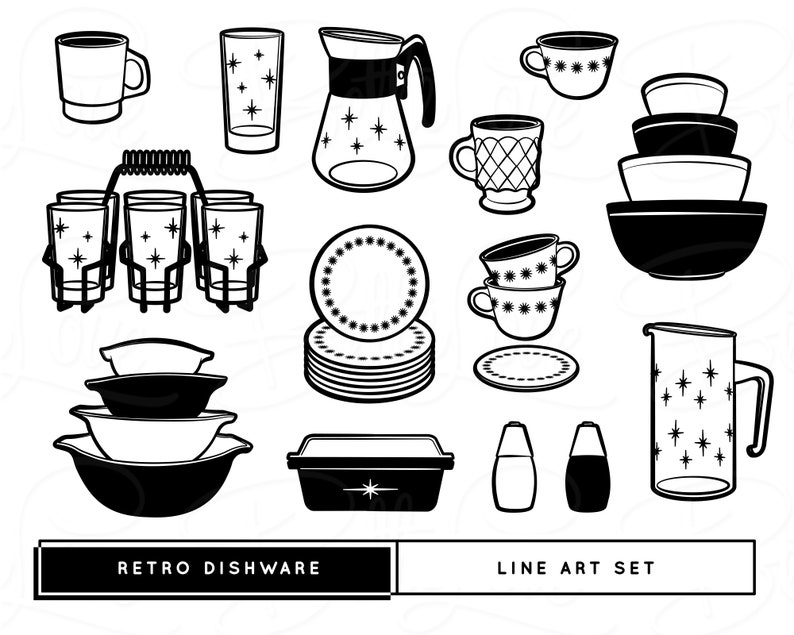 Retro Dishware Digital Bundle, Retro Clipart, Mid Century Kitchen, Atomic Kitchen, Retro Dishes, Mid Century Modern Clip Art, 1950s Clip Art image 3