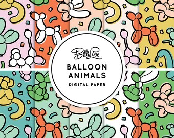 Balloon Animals Digital Paper, Birthday Party Pattern, Party Decor, Party Supplies, Birthday Card, Birthday Invitation, Party Favors