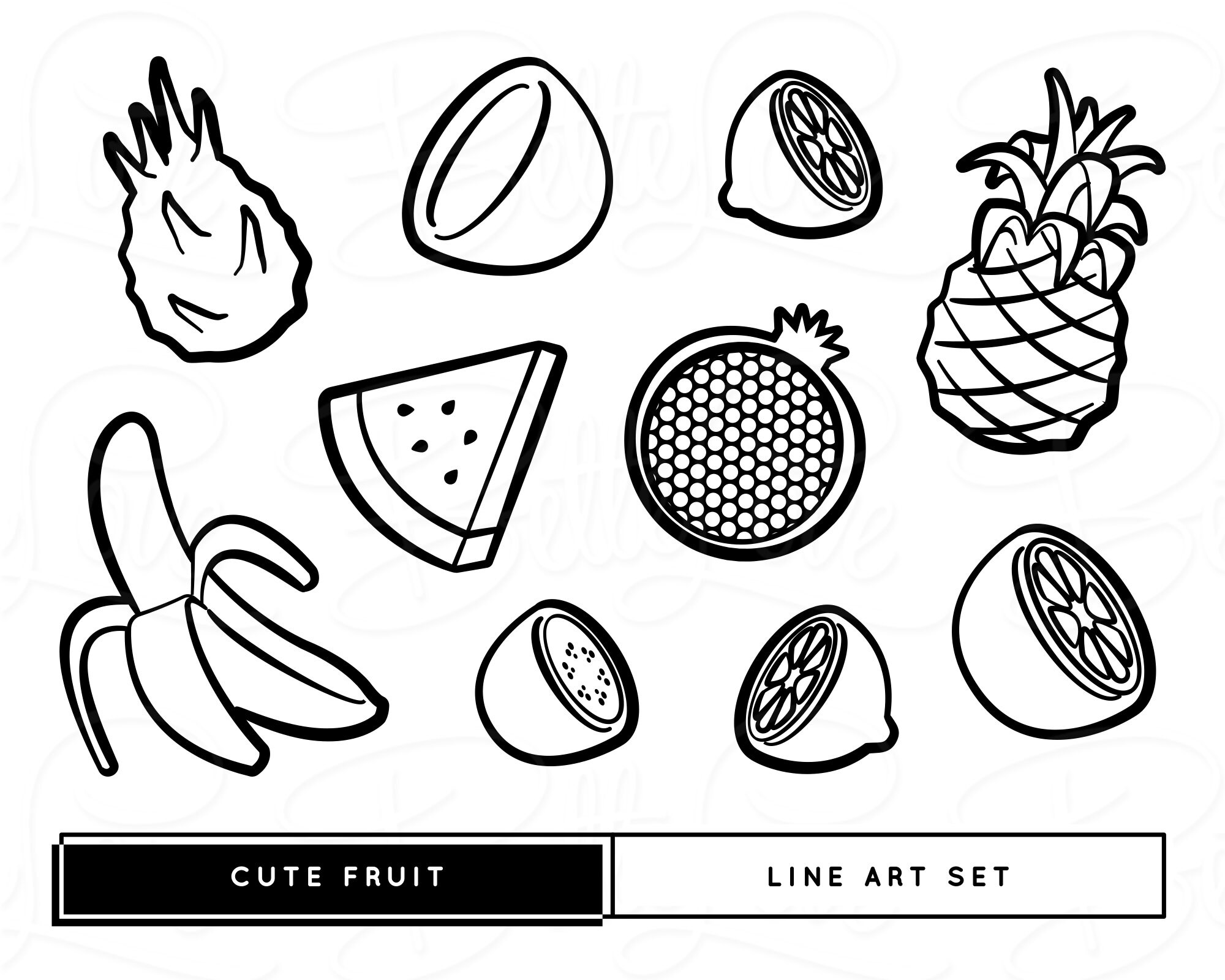 Cute Fruit Line Art Set, Clip Art, Clipart, Tropical Fruit Outlines