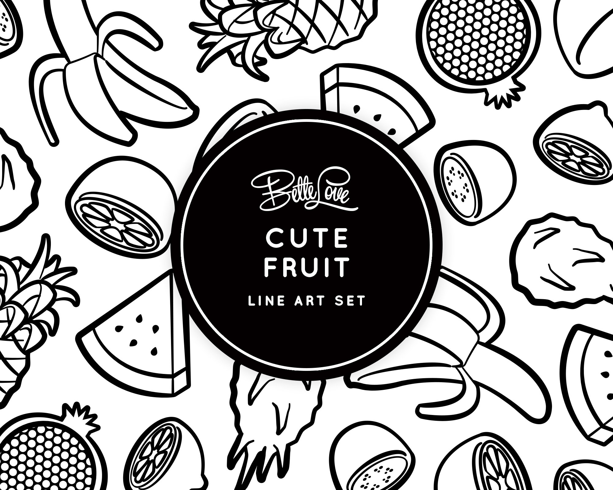 Cute Fruit Line Art Set, Clip Art, Clipart, Tropical Fruit Outlines
