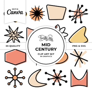 Mid Century Digital Stickers Retro Clip Art Retro Journal Pages Atomic Starburst Scrapbooking Mid Century Modern Clip Art Vintage Journal