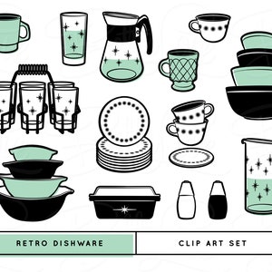 Retro Dishware Digital Bundle, Retro Clipart, Mid Century Kitchen, Atomic Kitchen, Retro Dishes, Mid Century Modern Clip Art, 1950s Clip Art image 2