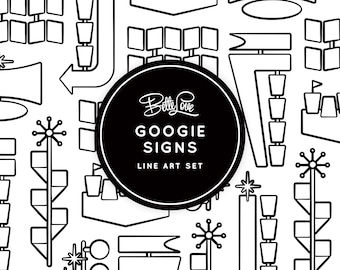 May include: Black and white line art illustrations of Googie style signs. The illustrations include a variety of shapes and sizes, such as circles, squares, and triangles. The text "Googie Signs Line Art Set" is featured in the center of the image.