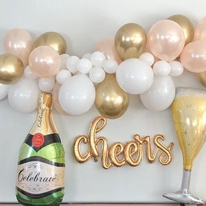 Gold Balloon Garland Kit, Champagne Bottle Balloon, Cheers Mylar Balloon, Champagne Glass Balloon, Wedding Decor, Bachelorette Party Decor image 1