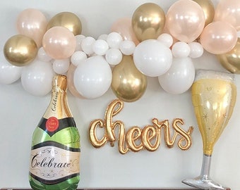 Gold Balloon Garland Kit, Champagne Bottle Balloon, Cheers Mylar Balloon, Champagne Glass Balloon, Wedding Decor, Bachelorette Party Decor