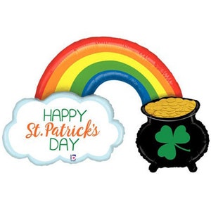 May include: A rainbow balloon with a cloud that says "Happy St. Patrick's Day" and a pot of gold balloon.