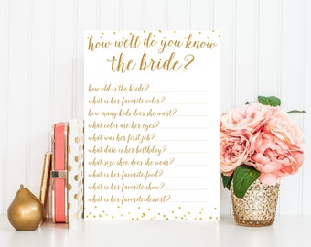 How Well Do You Know The Bride, Bridal Shower Game Printable, Bridal Shower Games, Bridal Shower Printable Game, Gold Bridal Shower BRS1