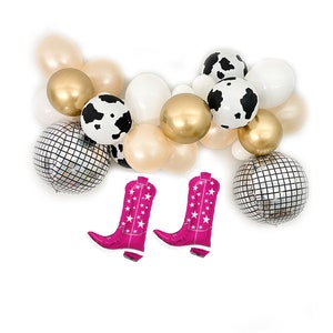Disco Cowgirl Balloon Garland, Last Rodeo, Nashville Bachelorette, Nash Bash, Cowgirl Boots Balloons, Disco Ball Balloons, Giddy Up Party
