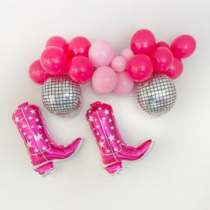 Pink Disco Cowgirl Balloon Garland, Last Rodeo, Nashville Bachelorette, Nash Bash, Cowgirl Boots Balloons, Disco Ball Balloons, Giddy Up