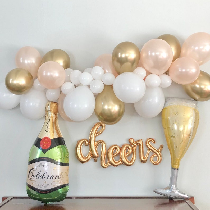 Gold Balloon Garland Kit, Champagne Bottle Balloon, Cheers Mylar Balloon, Champagne Glass Balloon, Wedding Decor, Bachelorette Party Decor image 4