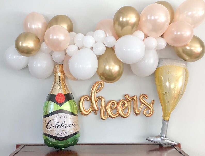 Gold Balloon Garland Kit, Champagne Bottle Balloon, Cheers Mylar Balloon, Champagne Glass Balloon, Wedding Decor, Bachelorette Party Decor image 5