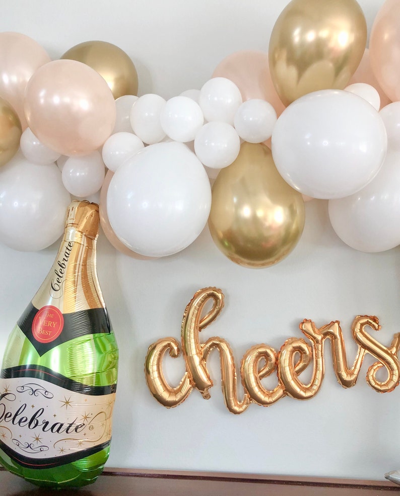 Gold Balloon Garland Kit, Champagne Bottle Balloon, Cheers Mylar Balloon, Champagne Glass Balloon, Wedding Decor, Bachelorette Party Decor image 2