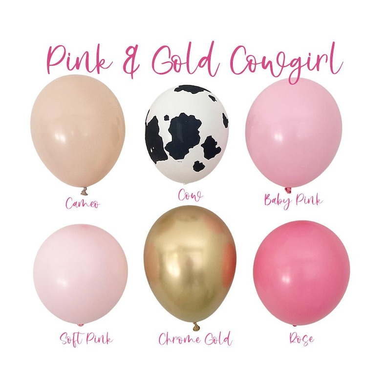 May include: Assortment of balloons in various colours and patterns, including cameo, cow print, baby pink, soft pink, chrome gold, and rose. The balloons are arranged in a grid pattern with the colour names written below each balloon.