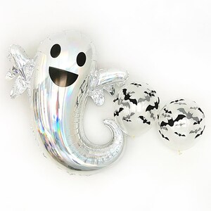 May include: A silver ghost-shaped balloon with a smiling face and two round balloons decorated with black and gray bats. These Halloween-themed balloons are perfect for a spooky celebration.