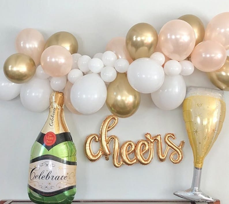 Gold Balloon Garland Kit, Champagne Bottle Balloon, Cheers Mylar Balloon, Champagne Glass Balloon, Wedding Decor, Bachelorette Party Decor image 1