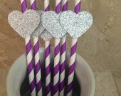 20 Purple Striped Party Straws with Silver Glitter Hearts, Baby Shower Decor, Wedding Decor, Birthday Party, Bridal Shower, Wedding Shower