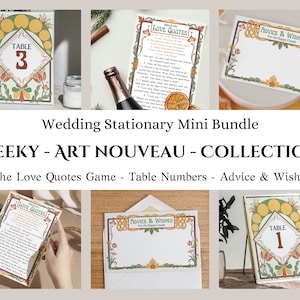 May include: A set of printable wedding stationery in an Art Nouveau style. The set includes a table number card, a love quotes game, and an advice and wishes card. The cards feature a floral design with a green, yellow, and orange color scheme.