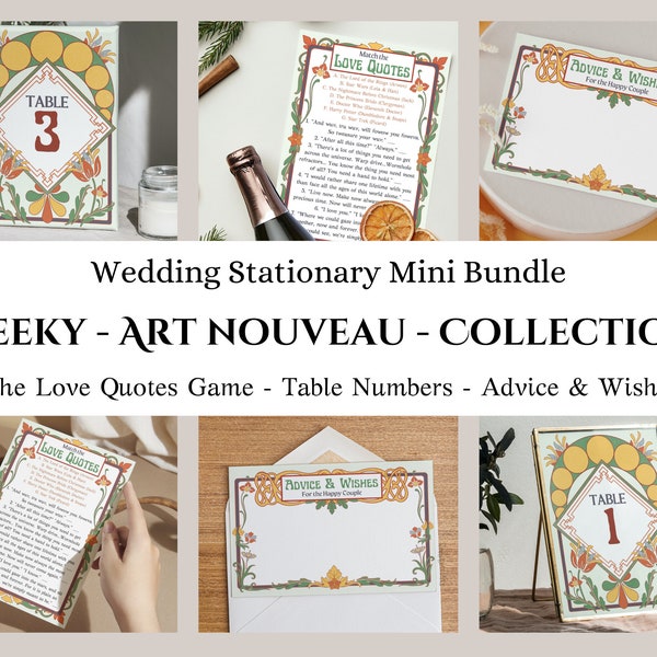 Multi-fandom Geek Wedding Template Bundle: Love Quotes Quiz - Table Numbers - Advice & Wishes Card  (Digital Instant Download - Art Nouveau)