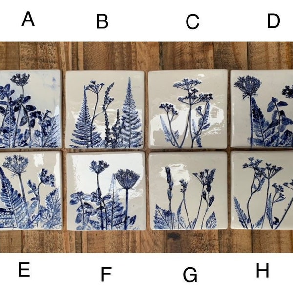 Botanical Ceramic Tiles 9cm - Blue - Hedgerow 2