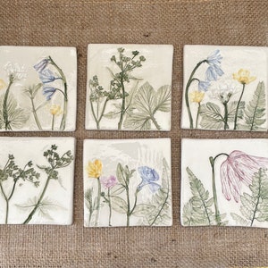 Botanical Spring Ceramic Tiles 9cm bluebells daffodils primrose fritillaria cowparsley