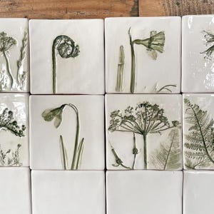 Botanical Spring Ceramic Tiles 9cm Snowdrops, Fern, Daffodils, Bluebells, Cow parsley