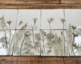 Wild Garlic & Herbs Botanical Ceramic Tiles - Set of 8