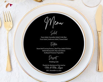 Minimalist Black & White Menu Cards, Round Menu Cards for Charger Plates or Dinner Plates, Black Menu Cards, Circle Menu, Menu for Tables