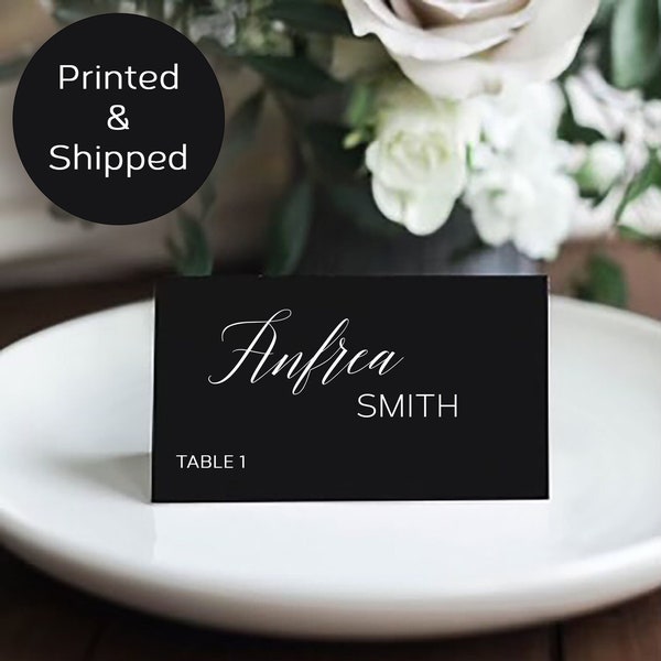 Black & White Printed Place Cards, Black place cards with White Text, Black Tie Wedding Name Cards