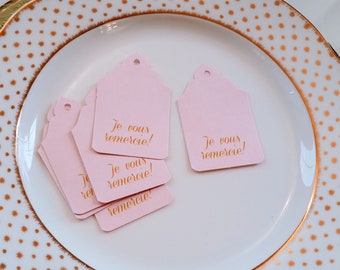 Blush Pink Thank You Favor Tag, Wedding Favor Tags, Je Vous Remercie. Girl Baby Shower Gift Tag, Bridal Party Favour Tags