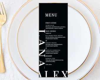 Tarjetas de menú de boda, Menú personalizado, Menú personalizado, Menú en blanco y negro, Tarjetas de menú elegantes