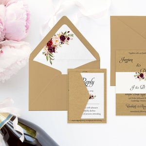 Faire-part de mariage rustique, pays invitation, Invitation Floral, aquarelle faire-part de mariage, invitation belly band, invitation kraft