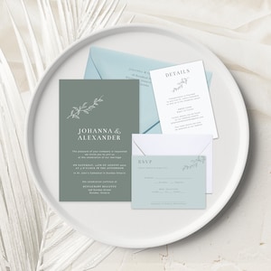 Dusty Blue Wedding Invitation Suite, Printed Invitation, Modern Invitation, Minimalist Invitation, Wedding Invitation Set, White Ink Print