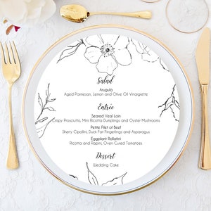 Menú de la boda, boda minimalista, tarjetas de menú floral, menú redondo, menú circular, tarjetas de placa cargadora