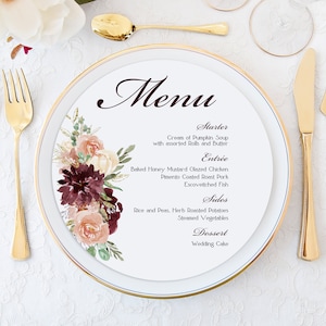 Cartes menu, Cartes menu de mariage, Bourgogne, Pêche et Or Cartes De menu, Ronde, Cercle, Menu Rond, Menu, Cercle, Menu pour Charger Plate
