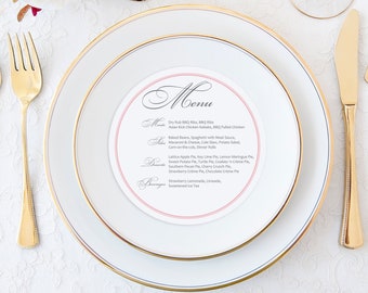 Circle Blush Pink Plate Menu Card, Rehearsal Dinner Menu, Dinner Party Menu Card, Personalized Menu