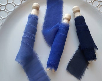 Blue Hand Torn Ribbon, Bouquet Ribbon, Invitation Belly Band, Raw Edge Place Card Ribbons, Dusty Blue, Royal Blue and Navy Blue, Chiffon