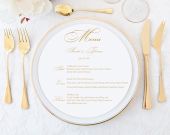 Menu Cards, Wedding Menu Cards, Gold Menu Cards, Round, Round Menu, Charger Menu Cards