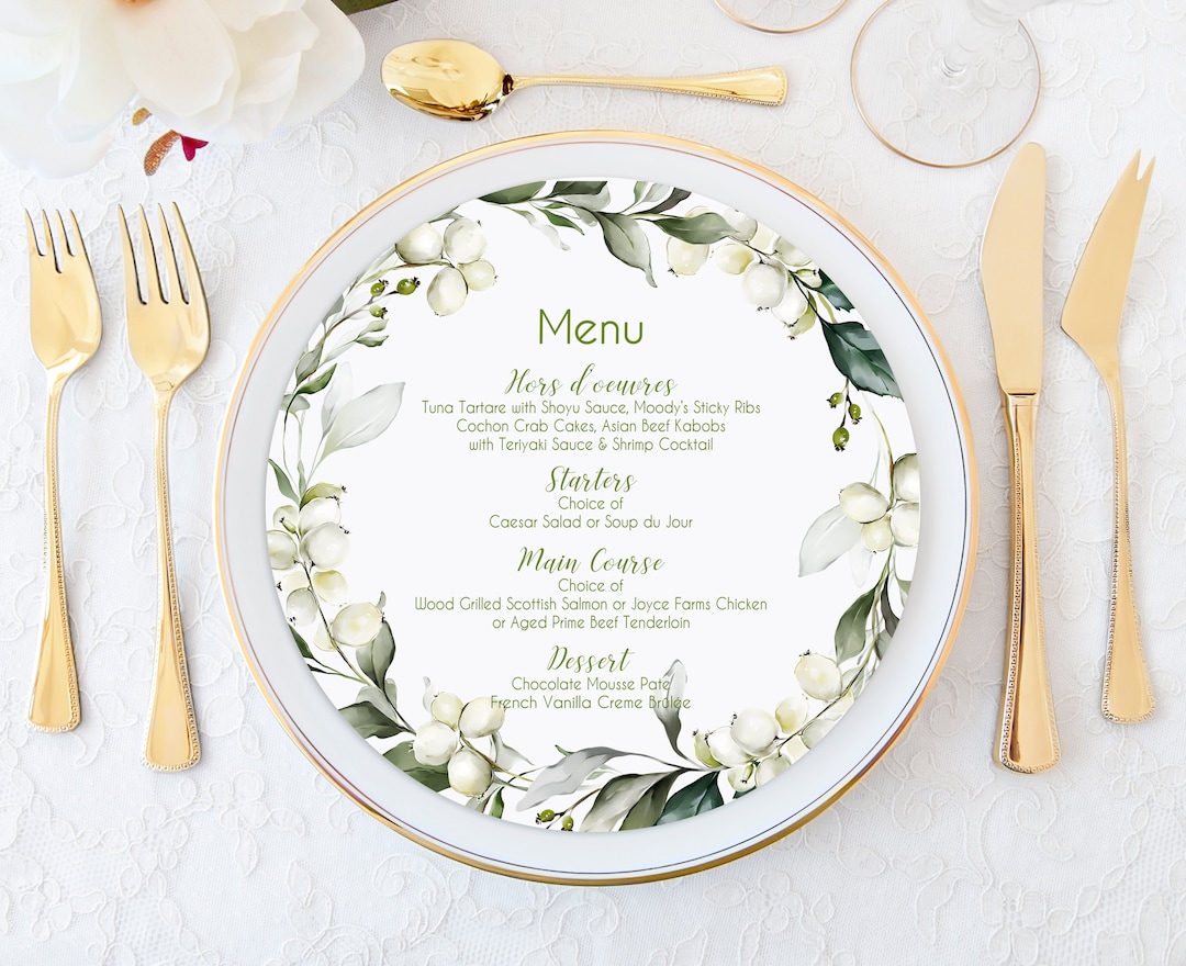 Round Menu Cards, Greenery Menu Cards, Wedding Reception Menu, Table