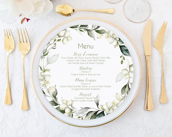 Round Menu Cards, Greenery Menu Cards, Wedding Reception Menu, Table Menu, Circle Menu, Menu for Charger Plate