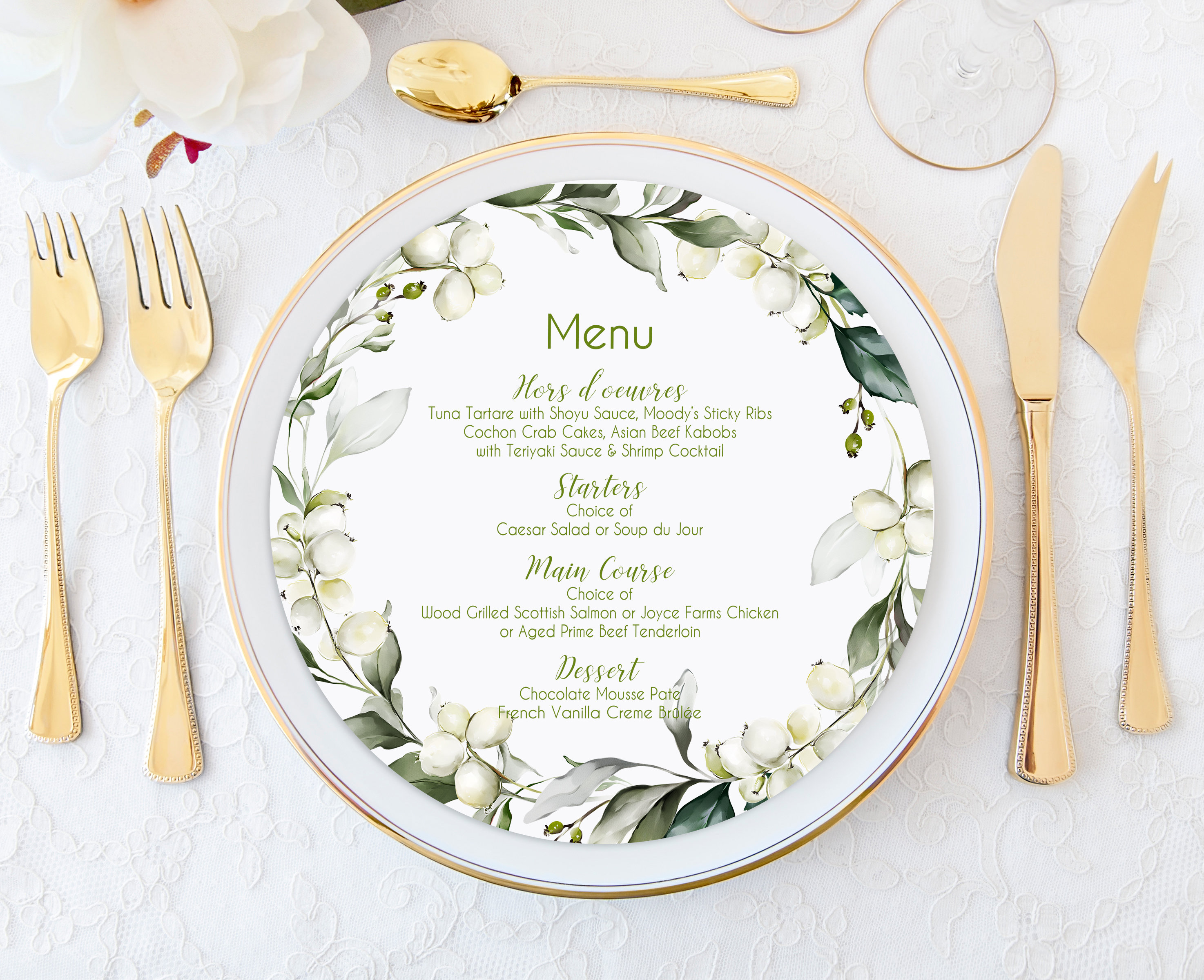 Round Menu Cards, Greenery Menu Cards, Wedding Reception Menu, Table Menu, Circle Menu, Menu for Charger Plate